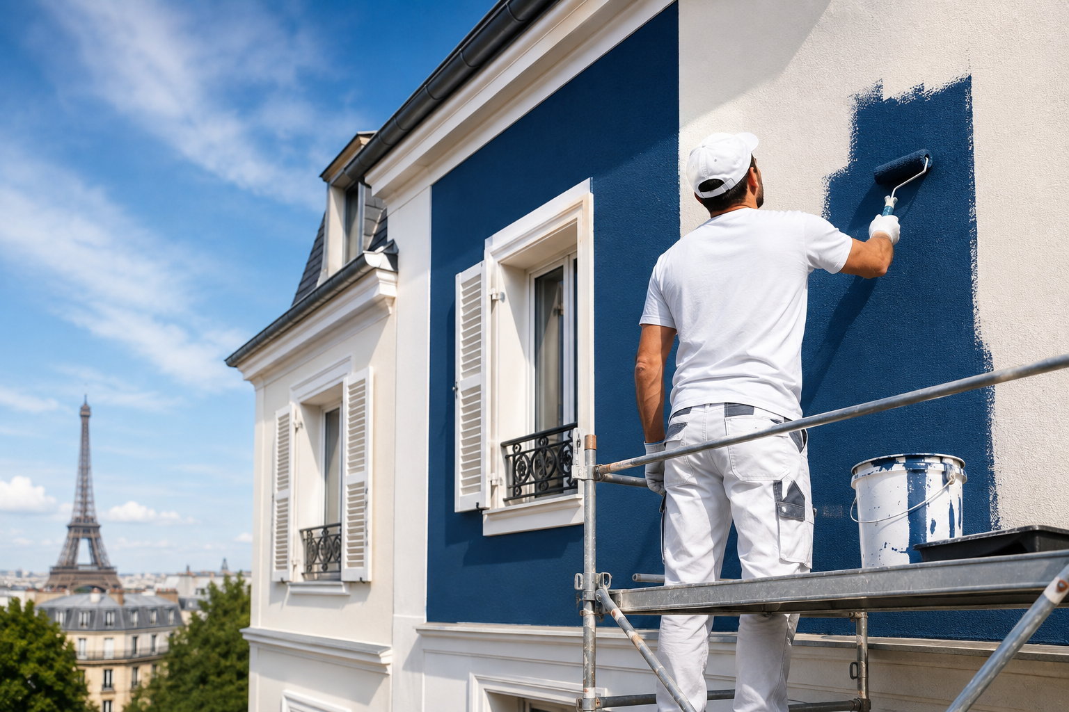 Artisan peintre France BTP appliquant une peinture de finition sur un chantier